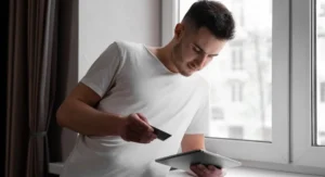 Homme consultant son téléphone pour une demande de crédit fractionné en ligne