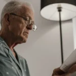 Senior consultant reviewing retirement documents at office desk France