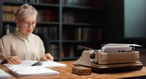 Senior consultant reviewing retirement documents at office desk