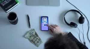 Smartphone affichant une application bancaire avec virement en attente