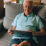 Homme regarde sa tablette devant un graphique d’épargne-retraite