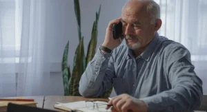 Jeune retraité retire des espèces à La Poste, bureau sobre moderne, Livret A ciblé